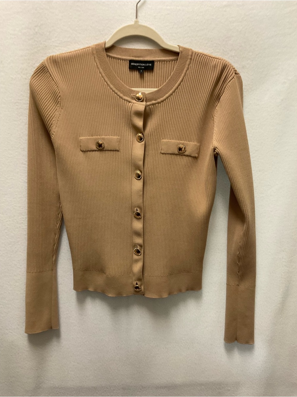 Generation Love Peony Ribbed Button-Front Cardigan in Beige